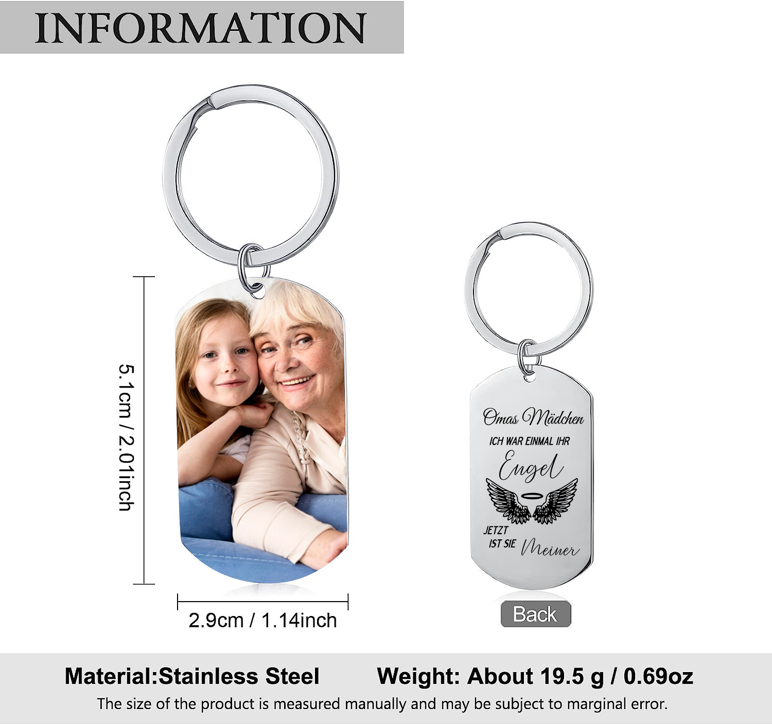 Personalisierbares Foto & Text Schlüsselanhänger - "Omas Mädchen, Ich war einmal sein Engel, jetzt ist sie meiner" – Geschenk für Oma Großmutter