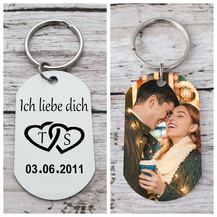 Personalisiertes Foto & Text & Datum & 2 Buchstaben –Ich liebe dich – Metall-Schlüsselanhänger für Paar