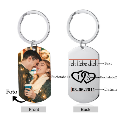 Personalisiertes Foto & Text & Datum & 2 Buchstaben –Ich liebe dich – Metall-Schlüsselanhänger für Paar