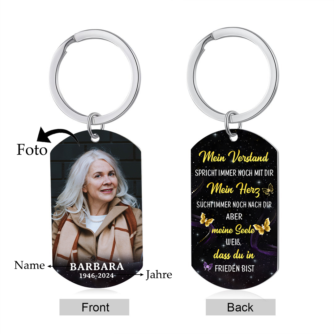 Personalisiertes Foto & Name & Datum Edelstahl Schlüsselanhänger – Mein Verstand spricht immer noch mit dir – Gedenk-Schlüsselanhänger