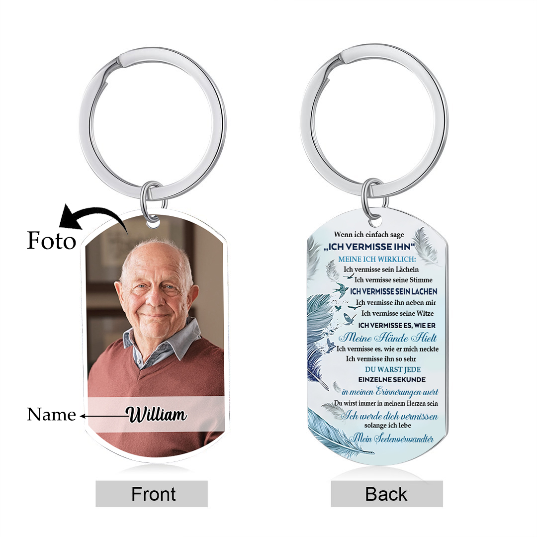 Personalisiertes Foto & Name Schlüsselanhänger –Ich vermisse ihn– Edelstahl Gedenk-Schlüsselanhänger