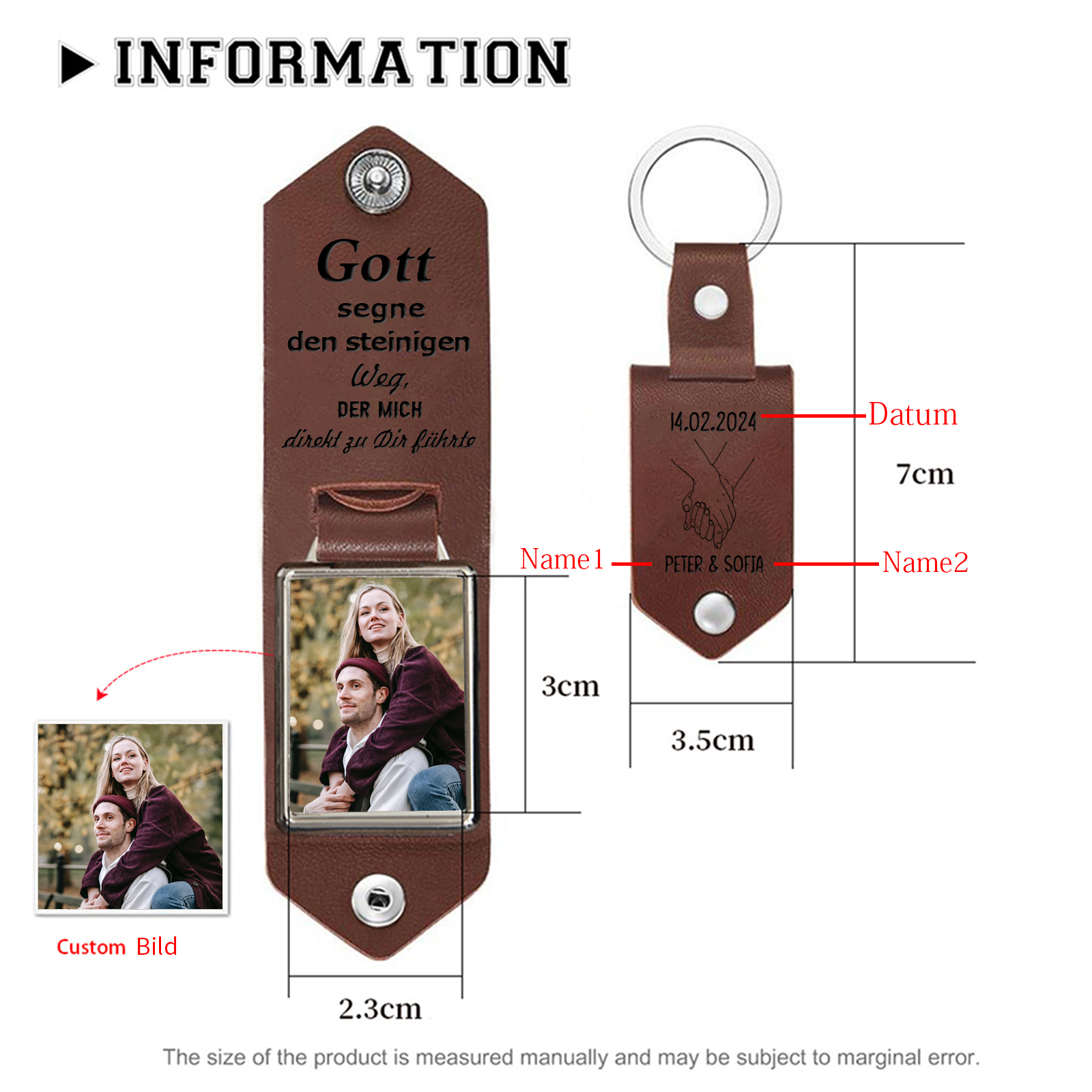 Personalisiertes Foto & 2 Namen & Datum Leder Schlüsselanhänger für Paar