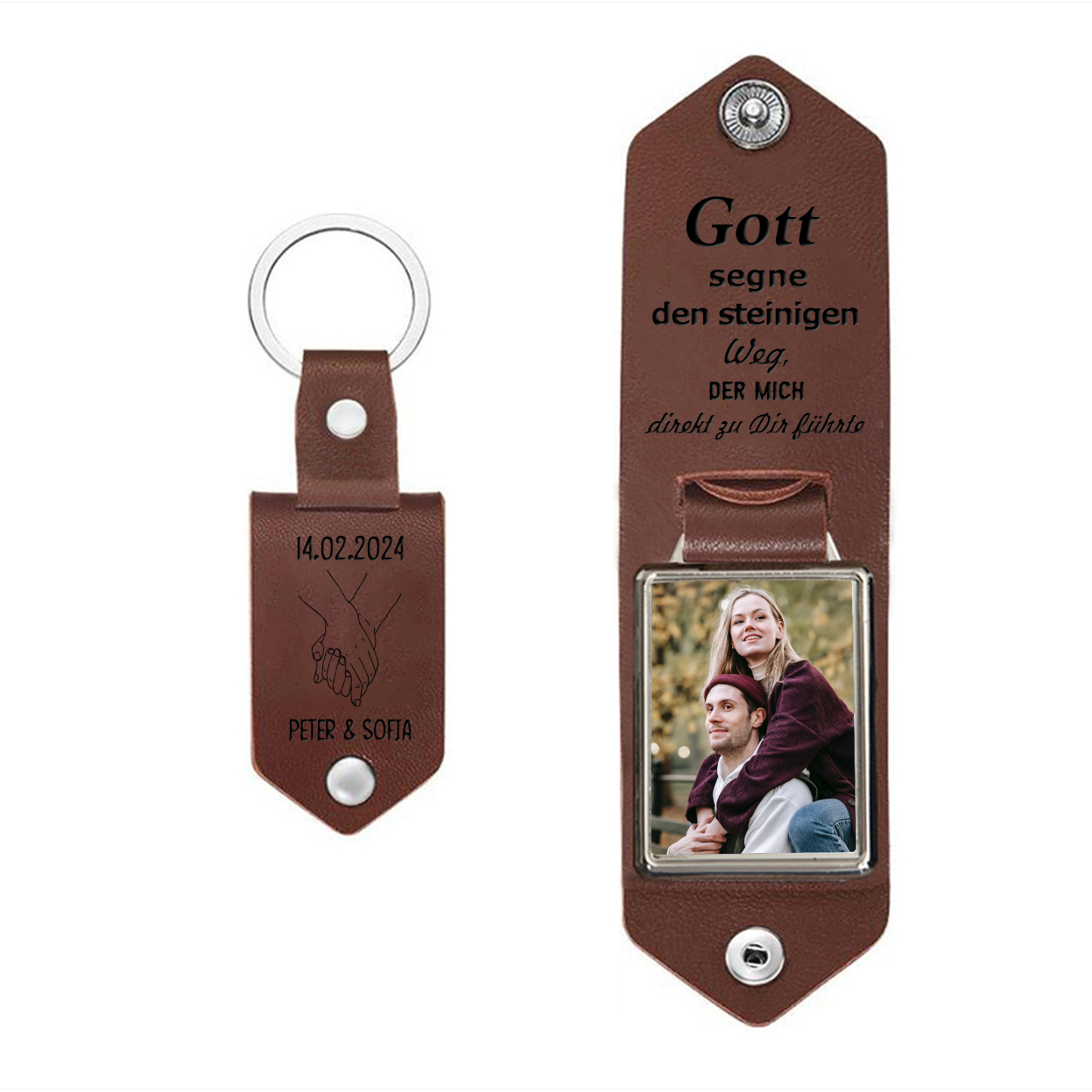 Personalisierbares Foto & 2 Namen & Datum Hand in Hand Pärchen PU Leder Schlüsselanhänger