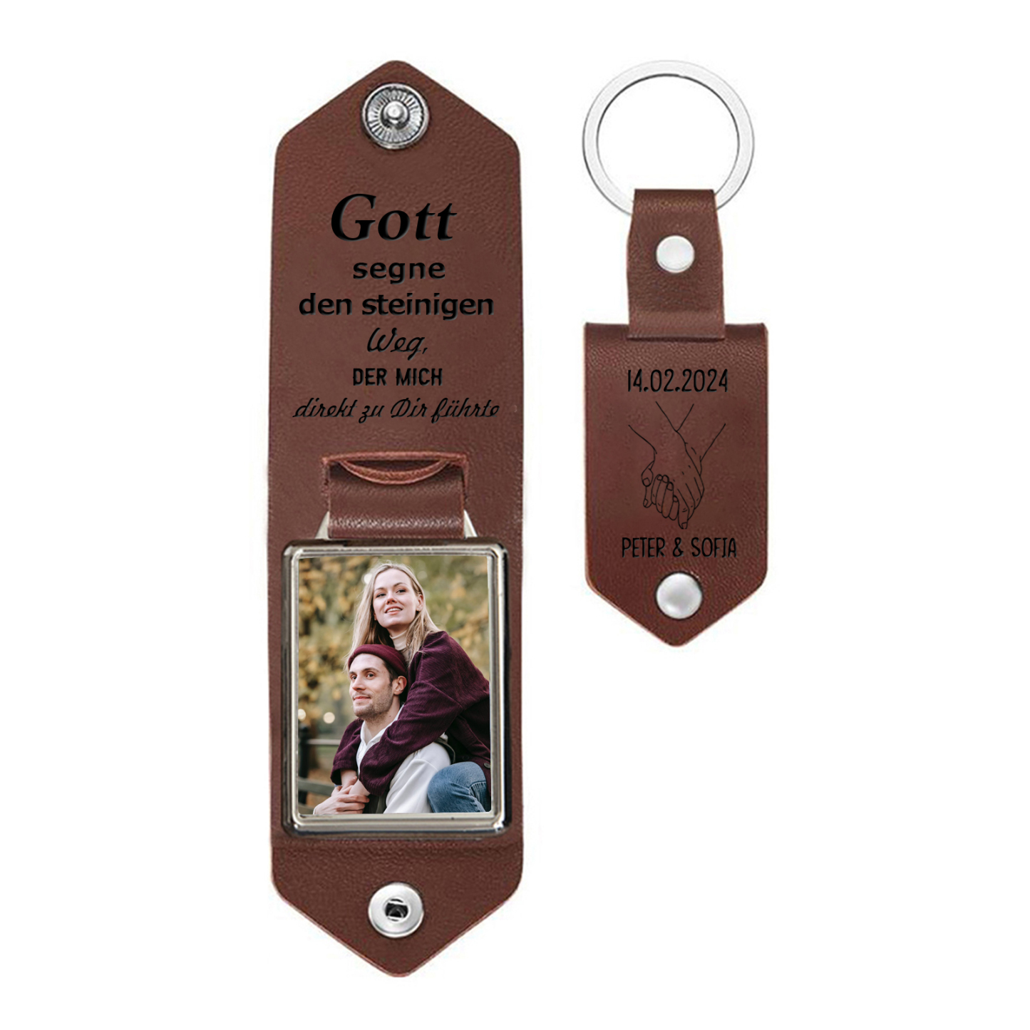 Personalisierbares Foto & 2 Namen & Datum Hand in Hand Pärchen PU Leder Schlüsselanhänger
