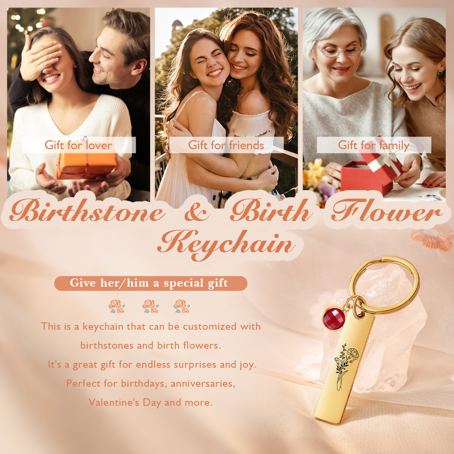 Personalisierter 1 Geburtsstein & Geburtsblume Edelstahl-Schlüsselanhänger – Geburtstags-Geschenk