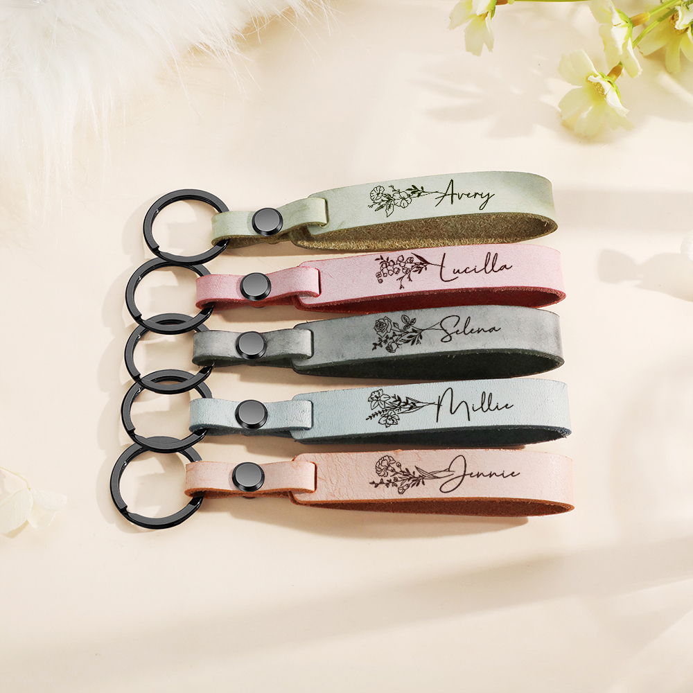 Personalisierter 1 Name & Geburtsblume Metall Leder Schlüsselanhänger in 5 Farben