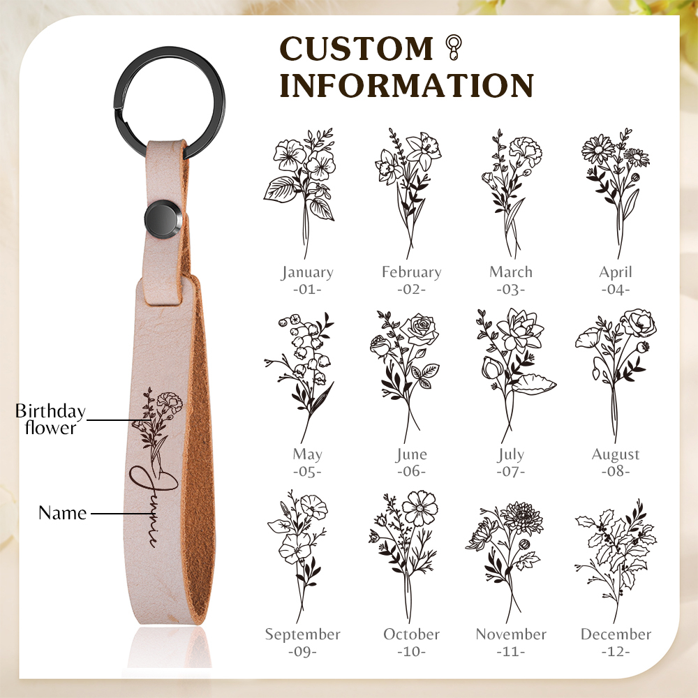 Personalisierter 1 Name & Geburtsblume Metall Leder Schlüsselanhänger in 5 Farben