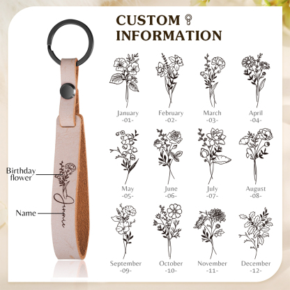 Personalisierter 1 Name & Geburtsblume Metall Leder Schlüsselanhänger in 5 Farben