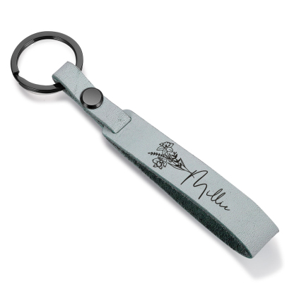 Personalisierter 1 Name & Geburtsblume Metall Leder Schlüsselanhänger in 5 Farben