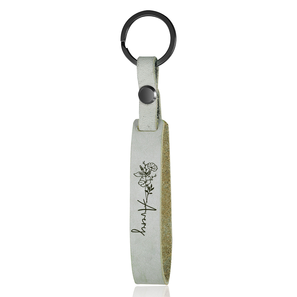 Personalisierter 1 Name & Geburtsblume Metall Leder Schlüsselanhänger in 5 Farben