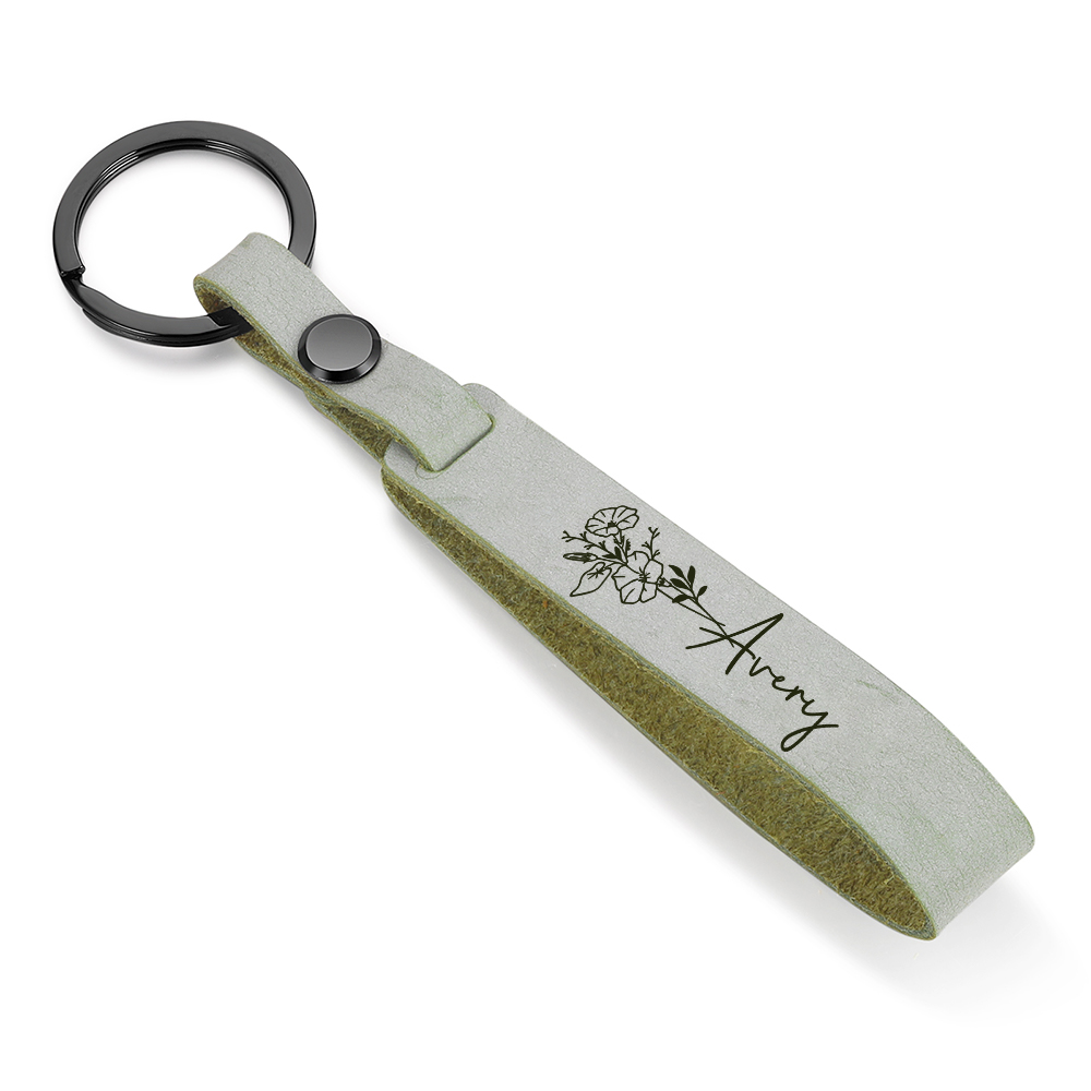 Personalisierter 1 Name & Geburtsblume Metall Leder Schlüsselanhänger in 5 Farben