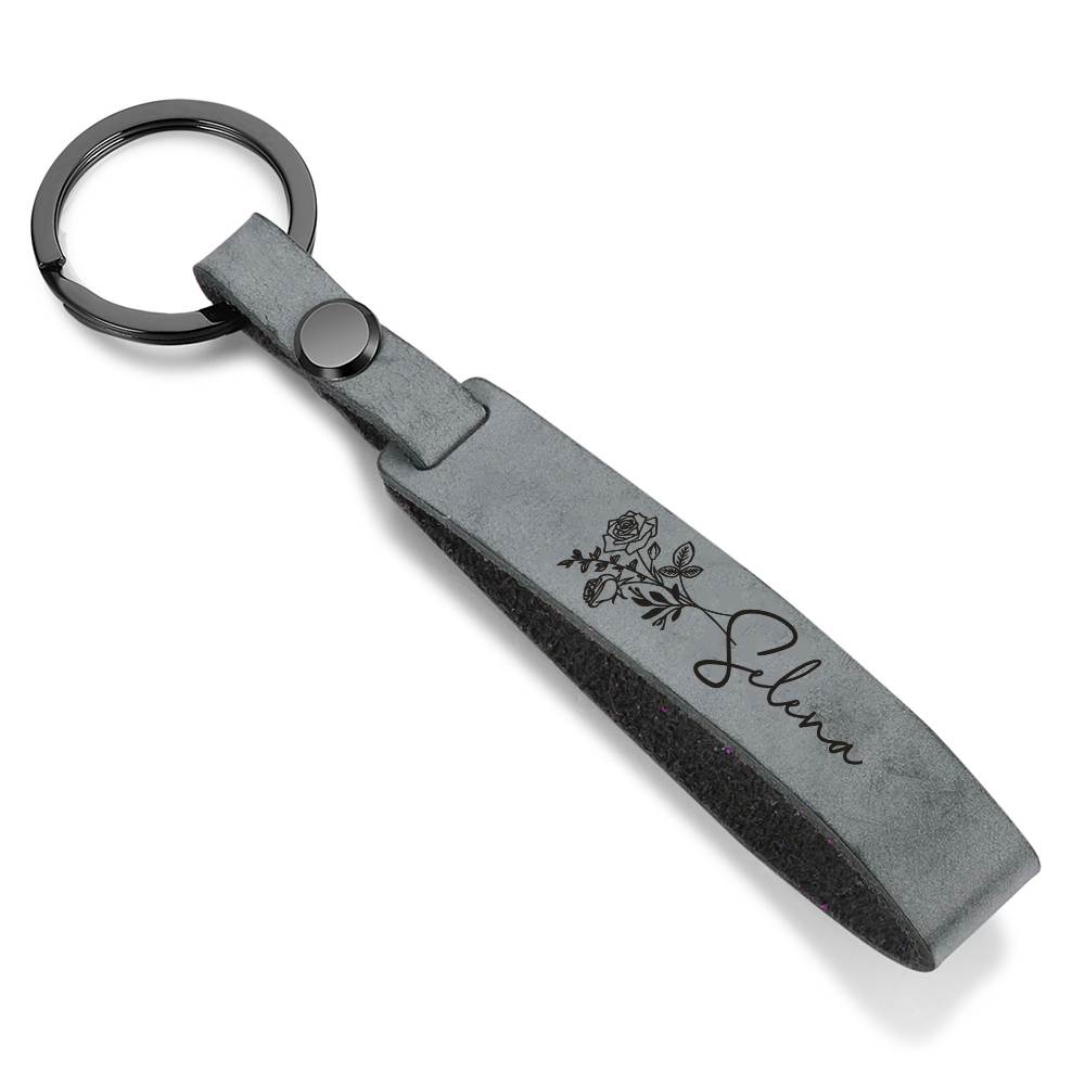 Personalisierter 1 Name & Geburtsblume Metall Leder Schlüsselanhänger in 5 Farben