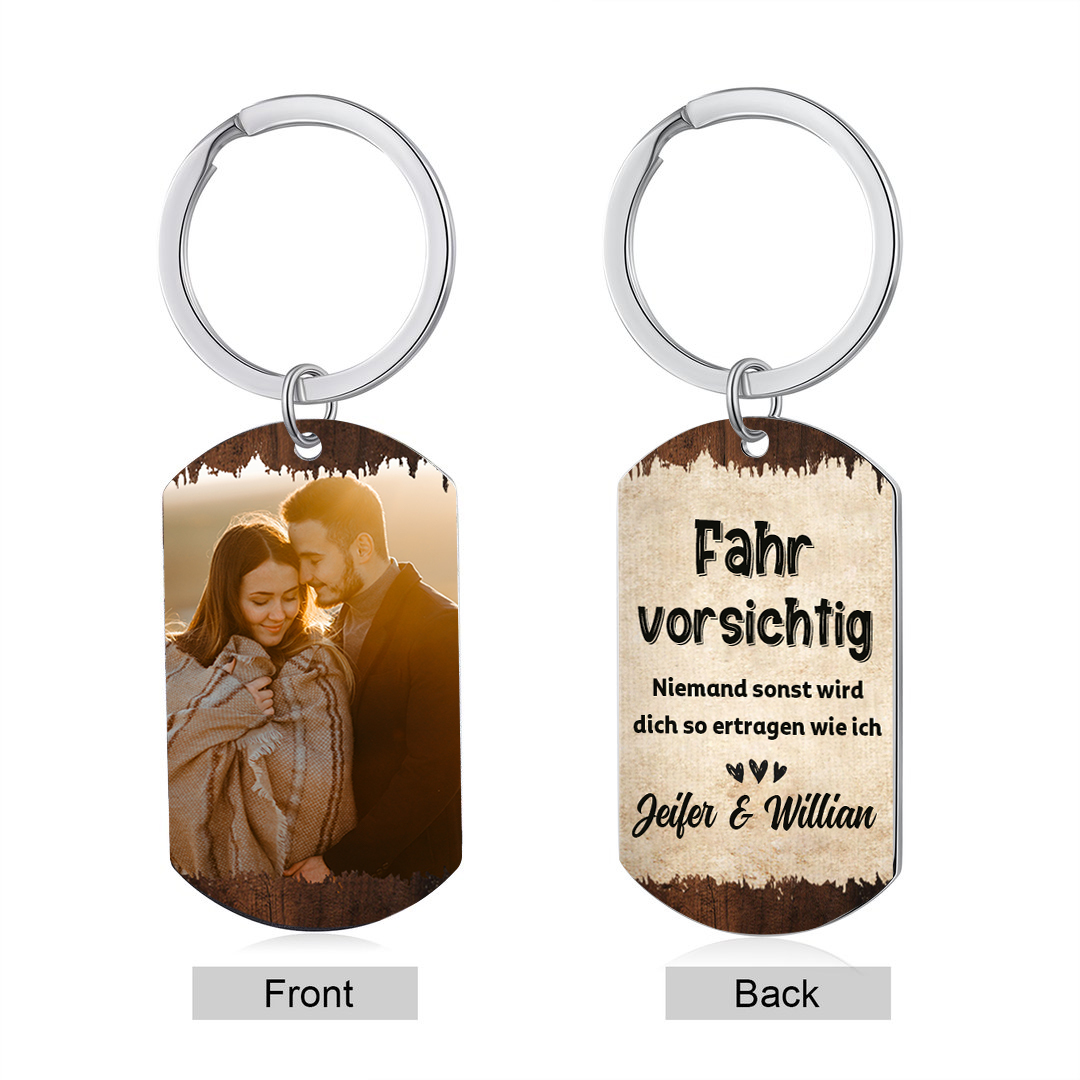 Personalisiertes Foto & 2 Namen Schlüsselanhänger -Niemand sonst wird dich so ertragen wie ich- Metall-Schlüsselanhänger für Paar