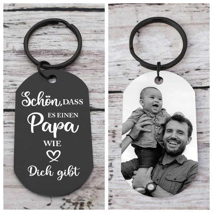 Personalisierbares Foto schwarzer Metall-Schlüsselanhänger – Schön, dass es einen Papa wie dich gibt – Geschenk für Vater