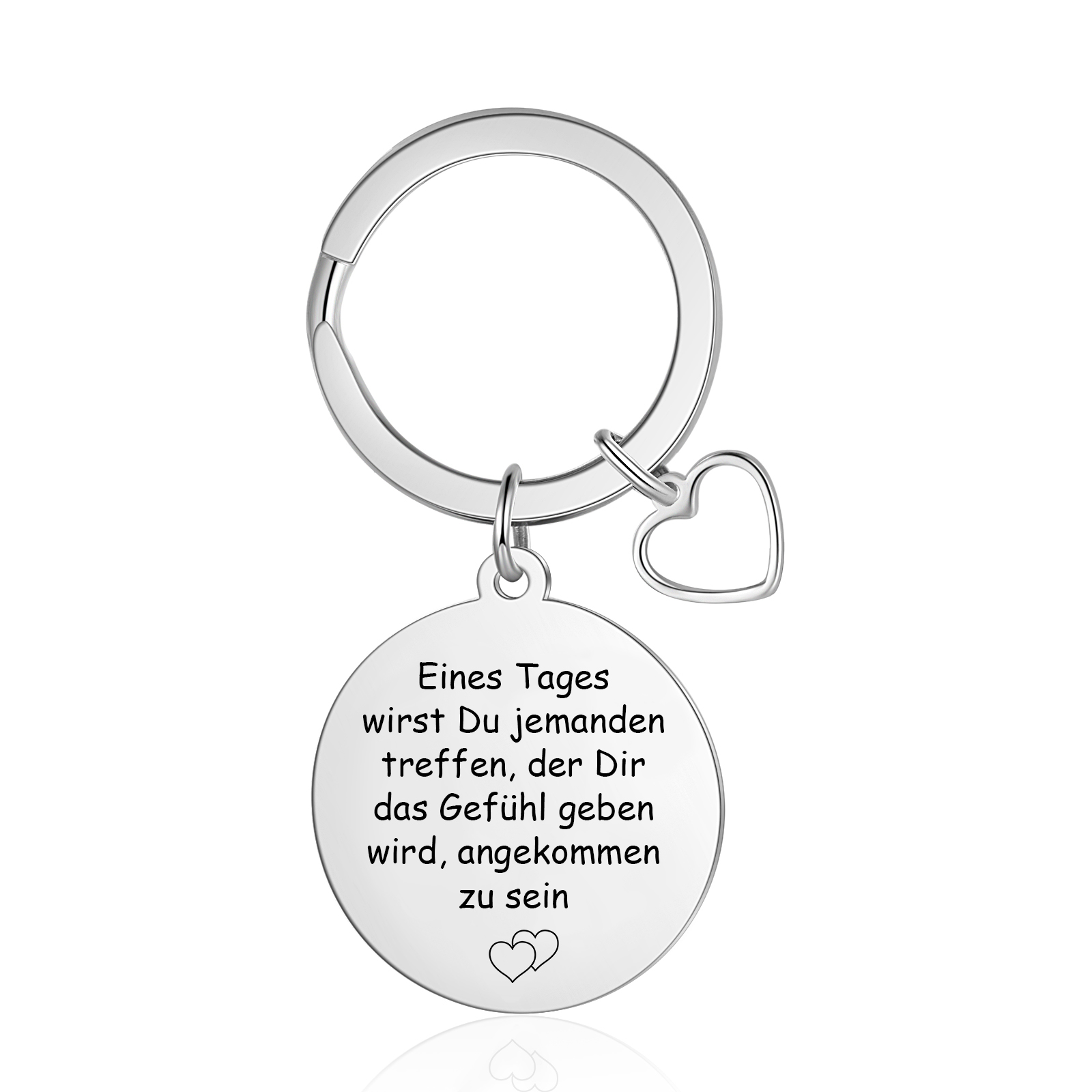 Personalisiertes Foto runder Metall-Schlüsselanhänger mit Herz – Eines Tages wirst Du jemanden treffen, der Dir das Gefühl geben wird, angekommen zu sein – Geschenk für Paar