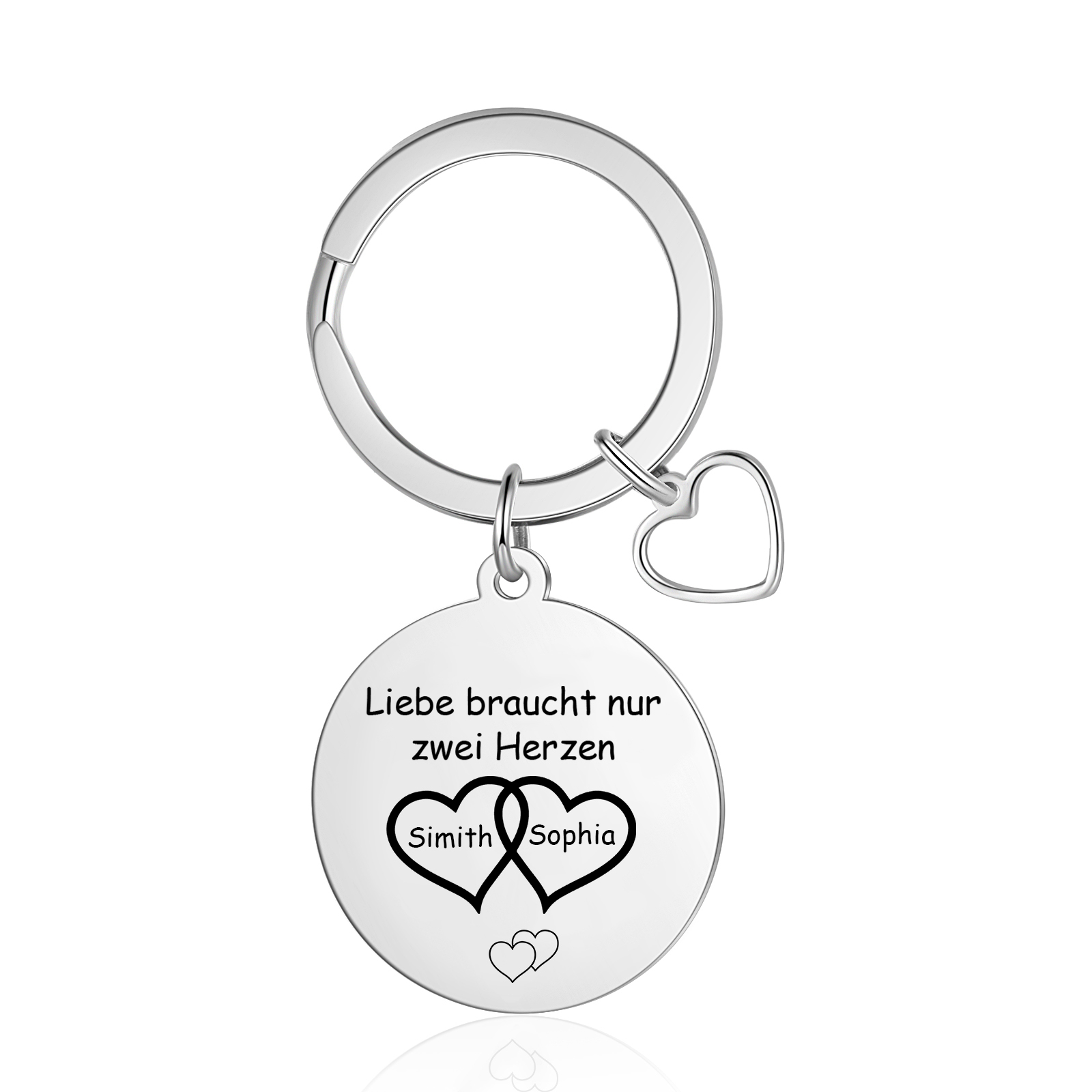 Personalisiertes Foto & 2 Namen runder Metall-Schlüsselanhänger – Liebe braucht nur zwei Herzen – Schlüsselanhänger mit Herz für Paar