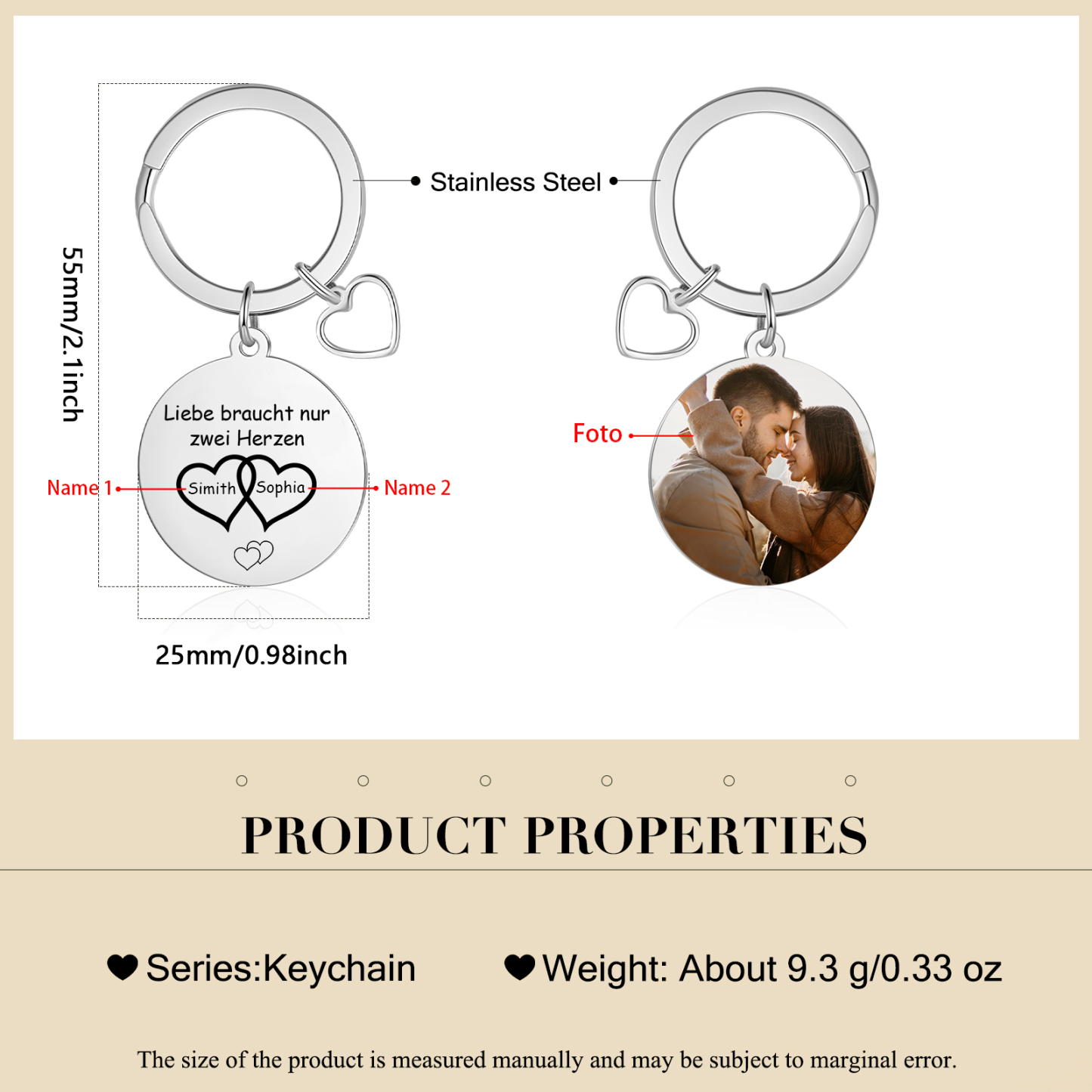 Personalisiertes Foto & 2 Namen runder Metall-Schlüsselanhänger – Liebe braucht nur zwei Herzen – Schlüsselanhänger mit Herz für Paar