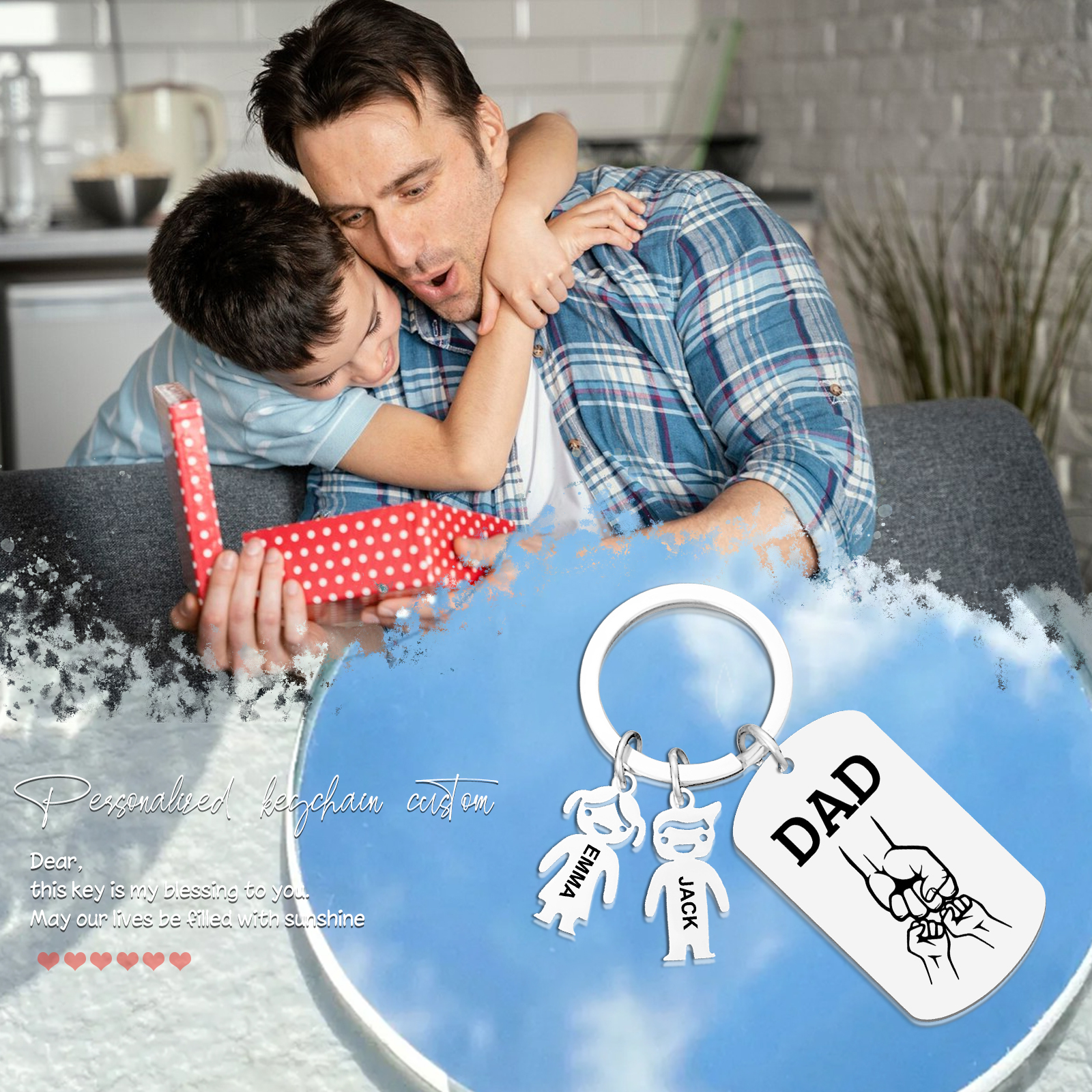 Personalisierte 2 Namen & Text Schlüsselanhänger mit Faust für Papa