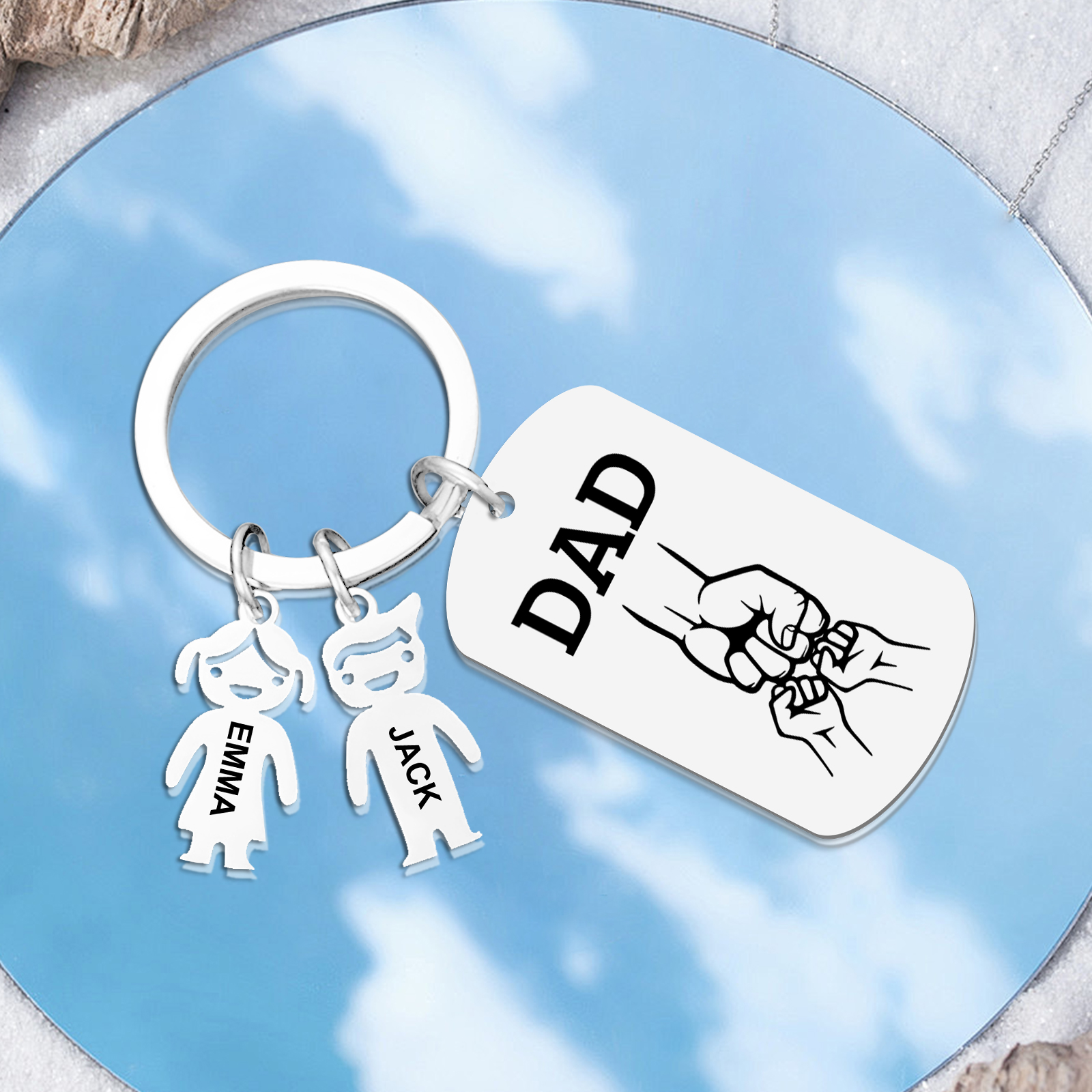 Personalisierte 2 Namen & Text Schlüsselanhänger mit Faust für Papa