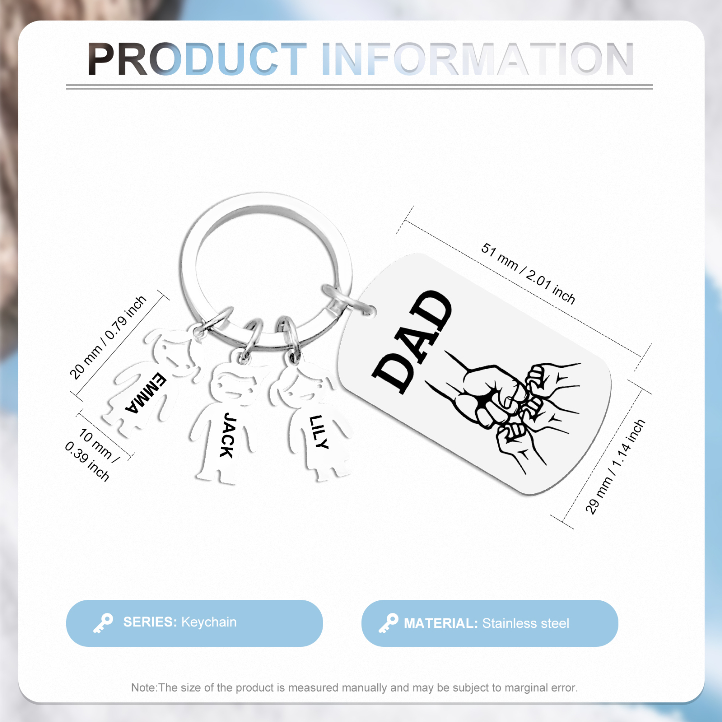 Personalisierte 3 Namen & Text Schlüsselanhänger mit Faust für Papa