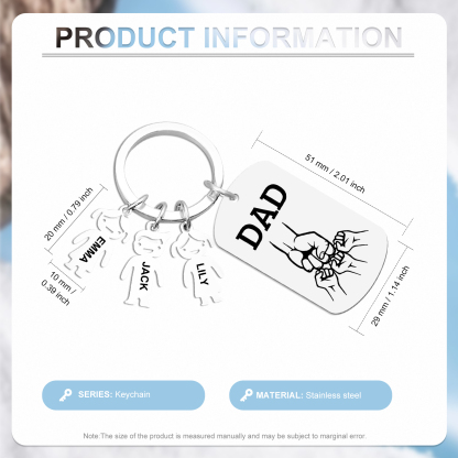 Personalisierte 3 Namen & Text Schlüsselanhänger mit Faust für Papa