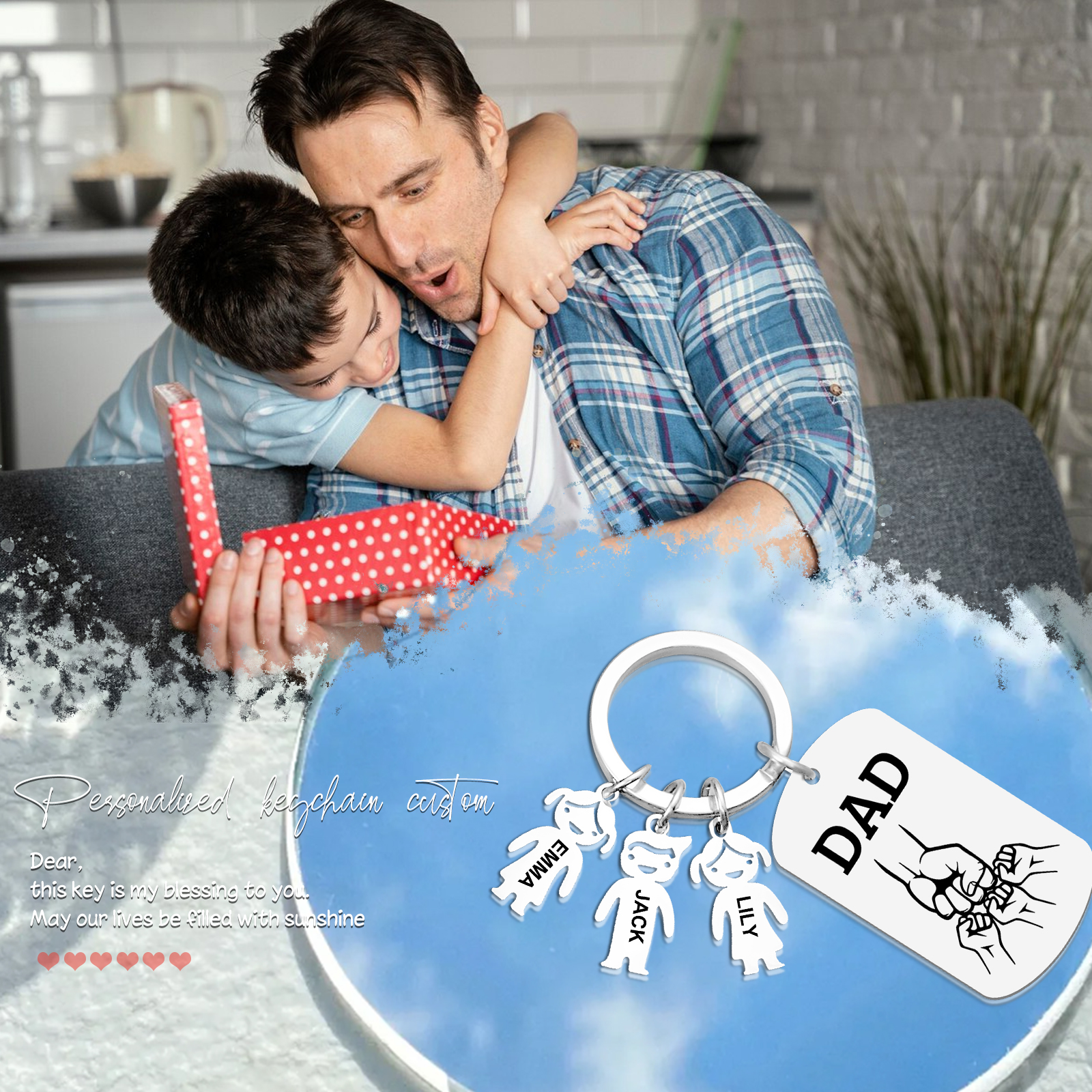 Personalisierte 3 Namen & Text Schlüsselanhänger mit Faust für Papa