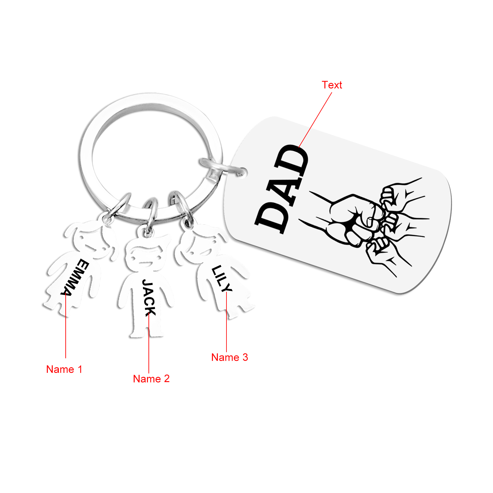 Personalisierte 3 Namen & Text Schlüsselanhänger mit Faust für Papa