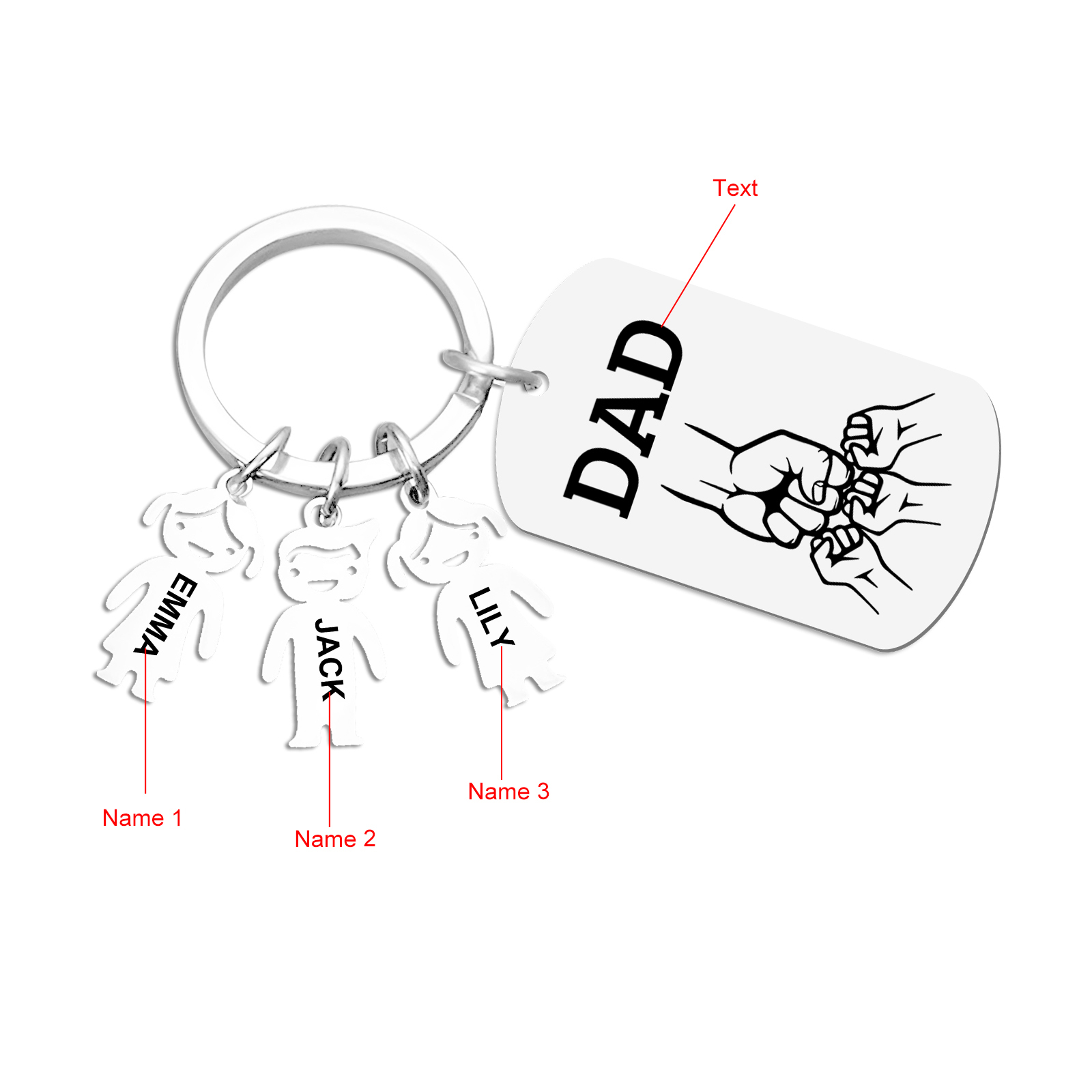 Personalisierte 3 Namen & Text Schlüsselanhänger mit Faust für Papa