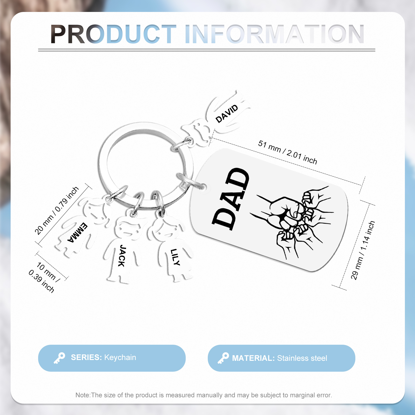 Personalisierte 4 Namen & Text Schlüsselanhänger mit Faust für Papa