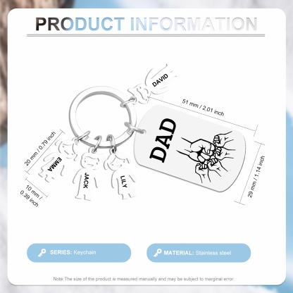 Personalisierte 4 Namen & Text Schlüsselanhänger mit Faust für Papa