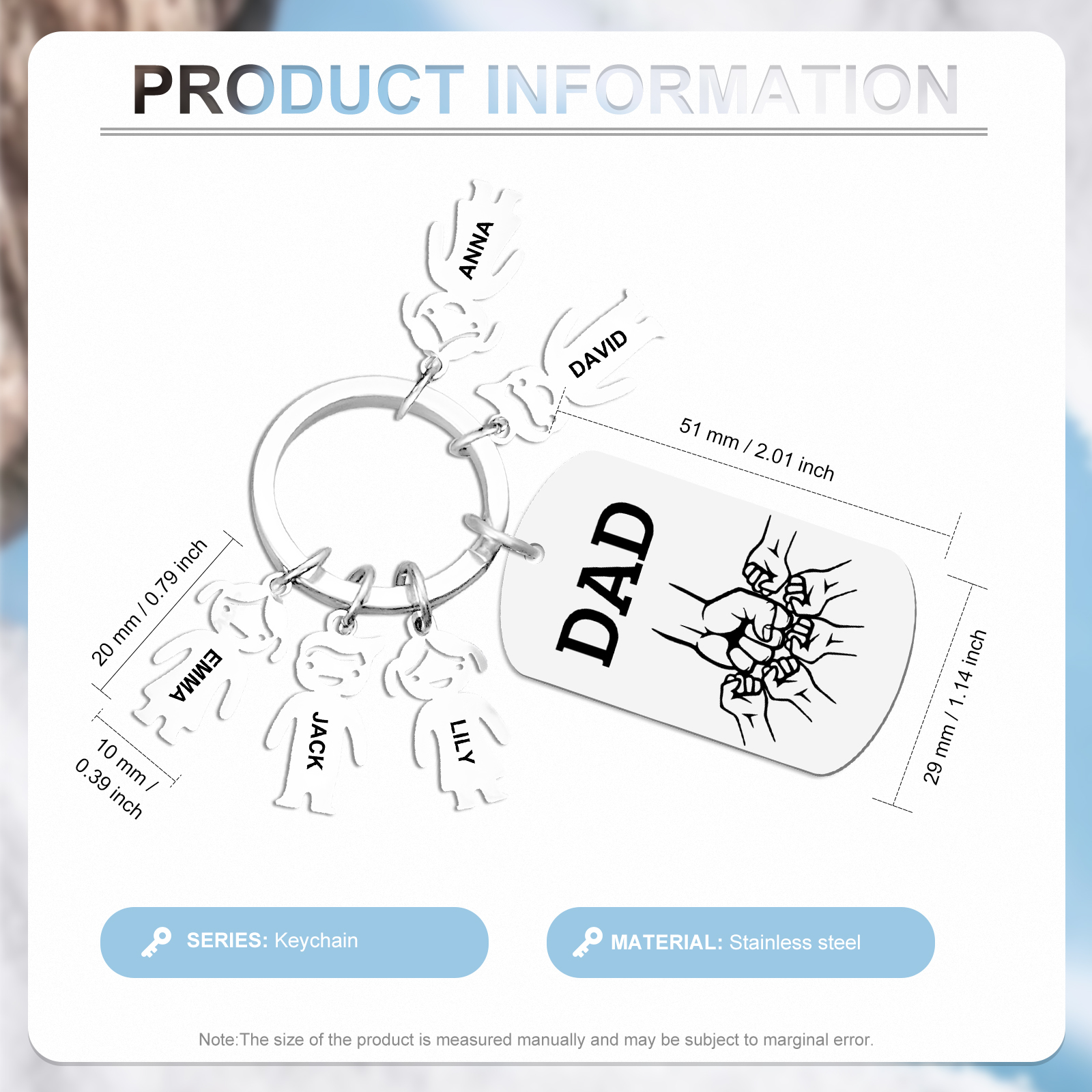 Personalisierte 5 Namen & Text Schlüsselanhänger mit Faust für Papa