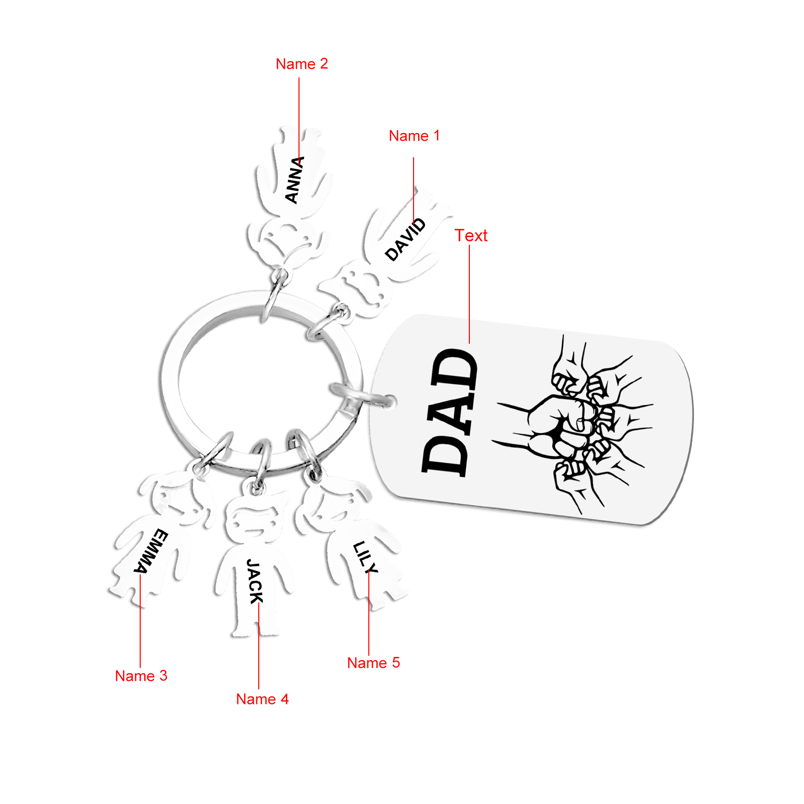 Personalisierte 5 Namen & Text Schlüsselanhänger mit Faust für Papa