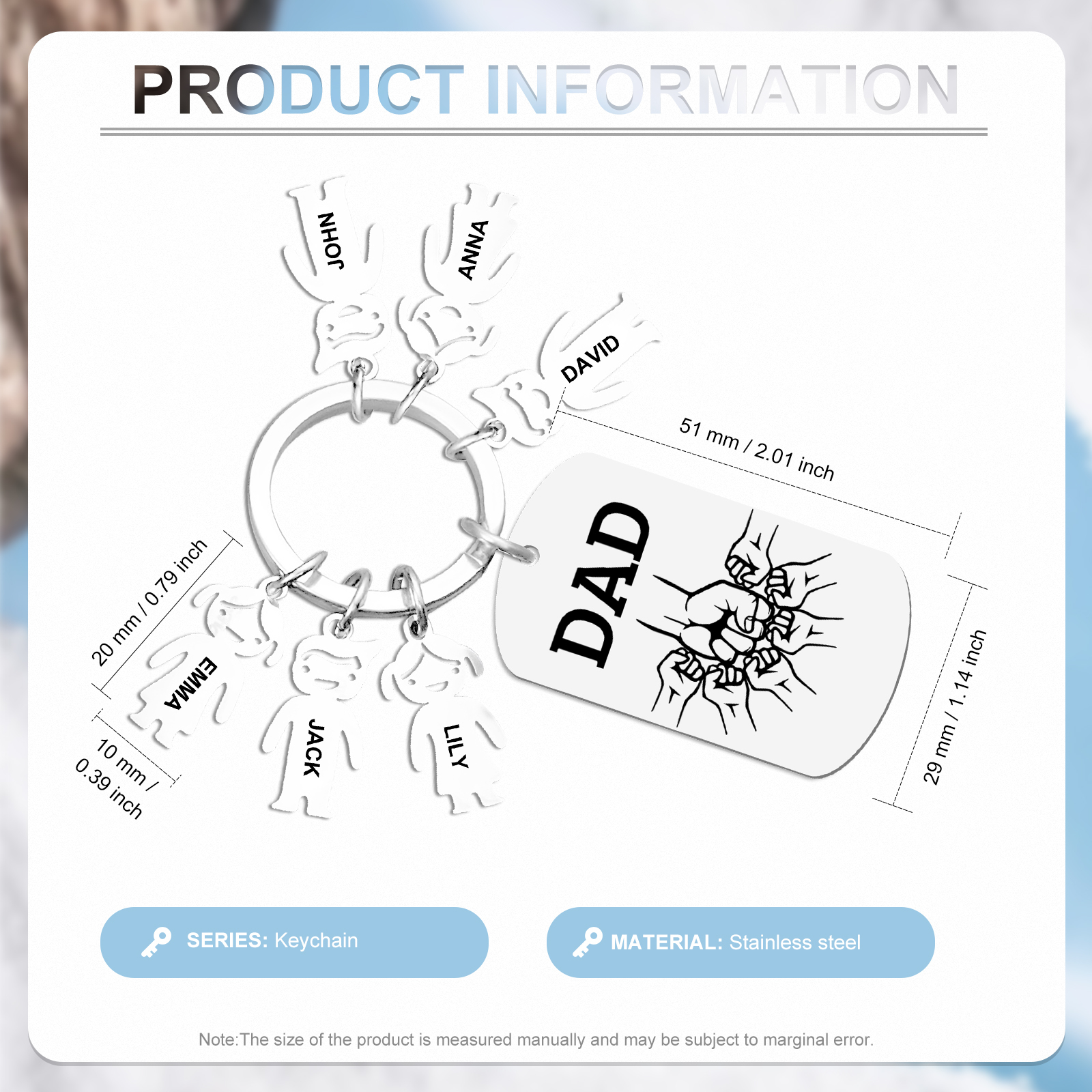Personalisierte 6 Namen & Text Schlüsselanhänger mit Faust für Papa