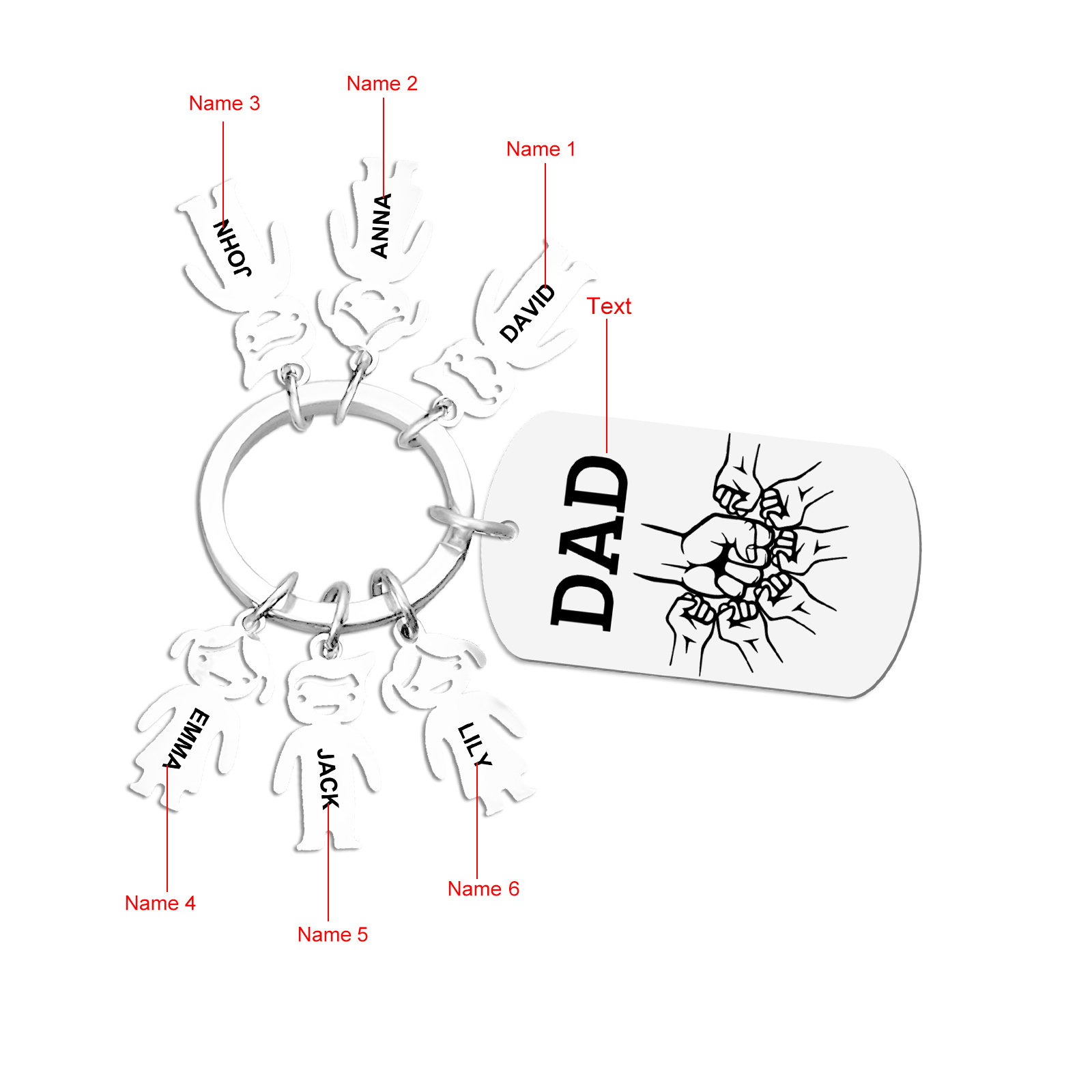 Personalisierte 6 Namen & Text Schlüsselanhänger mit Faust für Papa