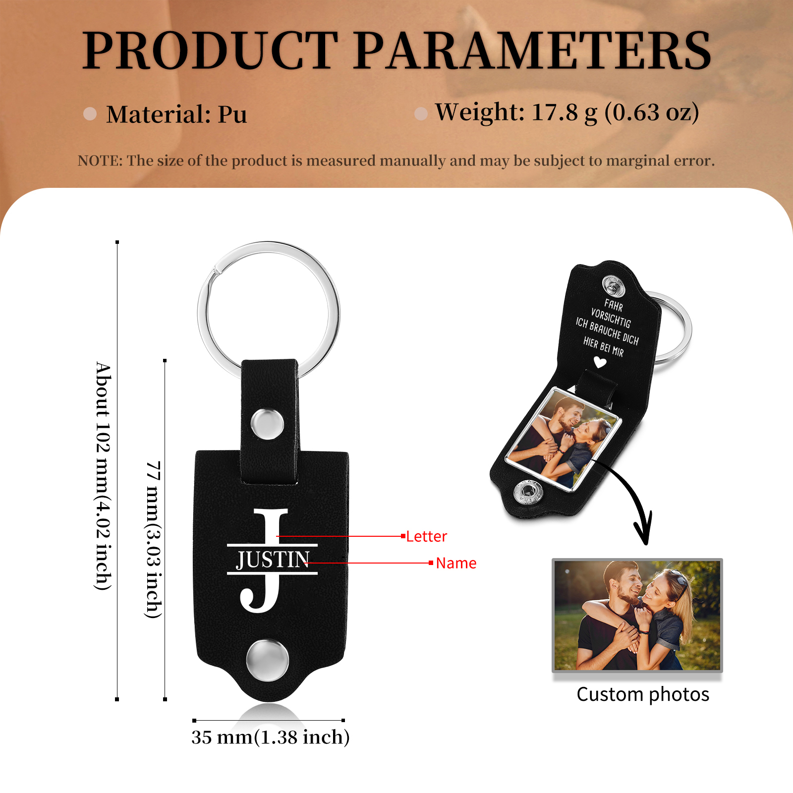 Personalisierbarer PU Leder Schlüsselanhänger mit Foto, Name& Buchstabe – "FAHR VORSICHTIG, ICH BRAUCHE DICH HIER BEI MIR"
