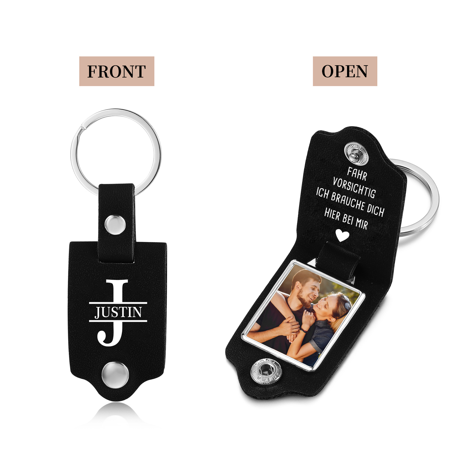 Personalisierbarer PU Leder Schlüsselanhänger mit Foto, Name& Buchstabe – "FAHR VORSICHTIG, ICH BRAUCHE DICH HIER BEI MIR"