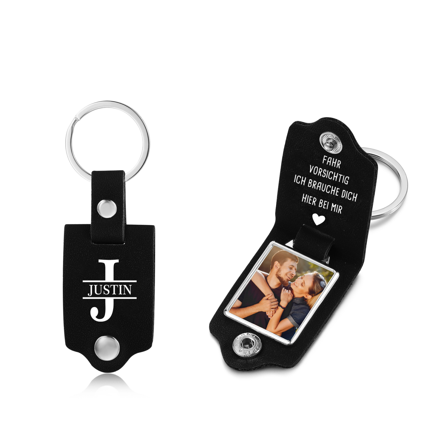 Personalisierbarer PU Leder Schlüsselanhänger mit Foto, Name& Buchstabe – "FAHR VORSICHTIG, ICH BRAUCHE DICH HIER BEI MIR"