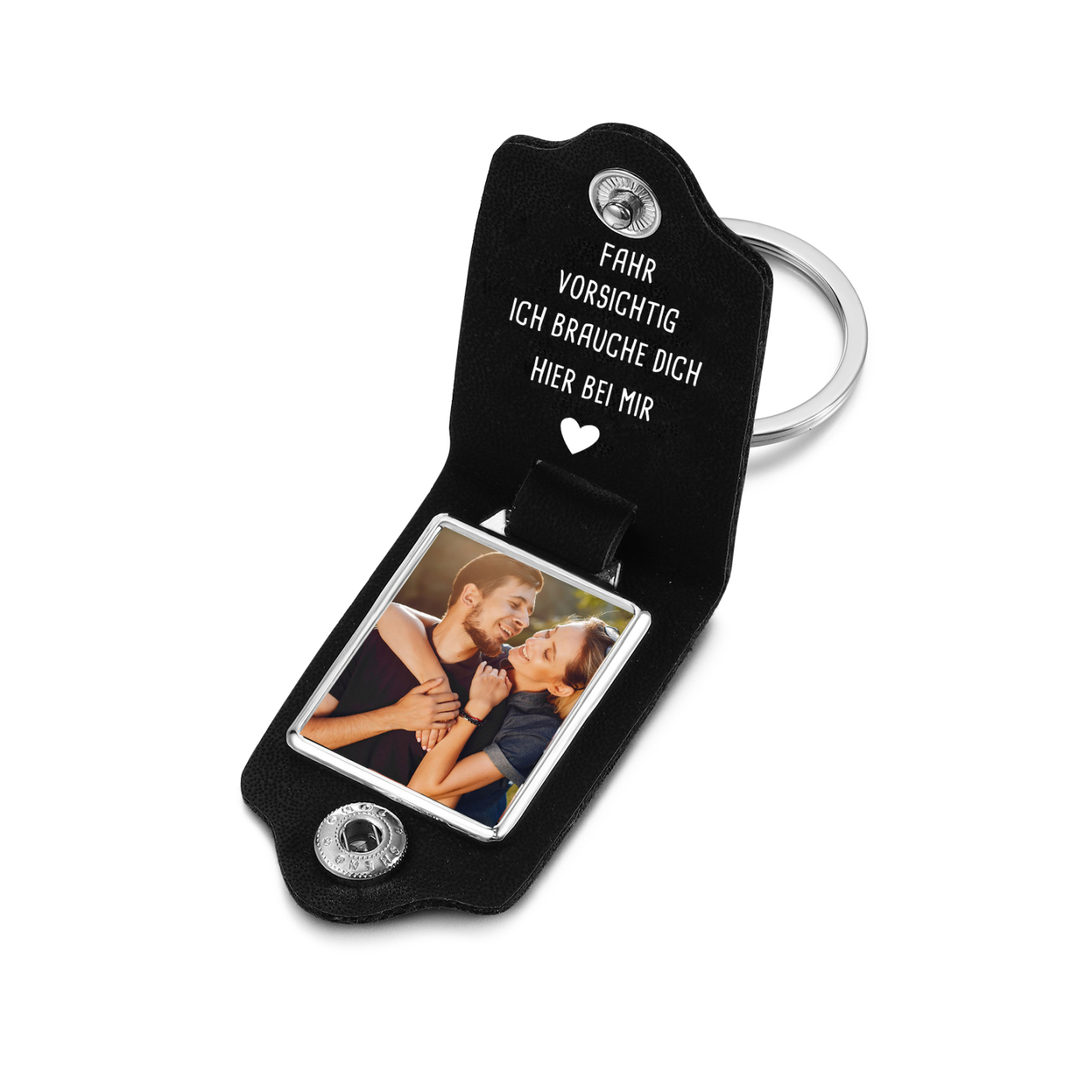 Personalisierbarer PU Leder Schlüsselanhänger mit Foto,2 Namen & Jahr für Paar – "FAHR VORSICHTIG, ICH BRAUCHE DICH HIER BEI MIR"