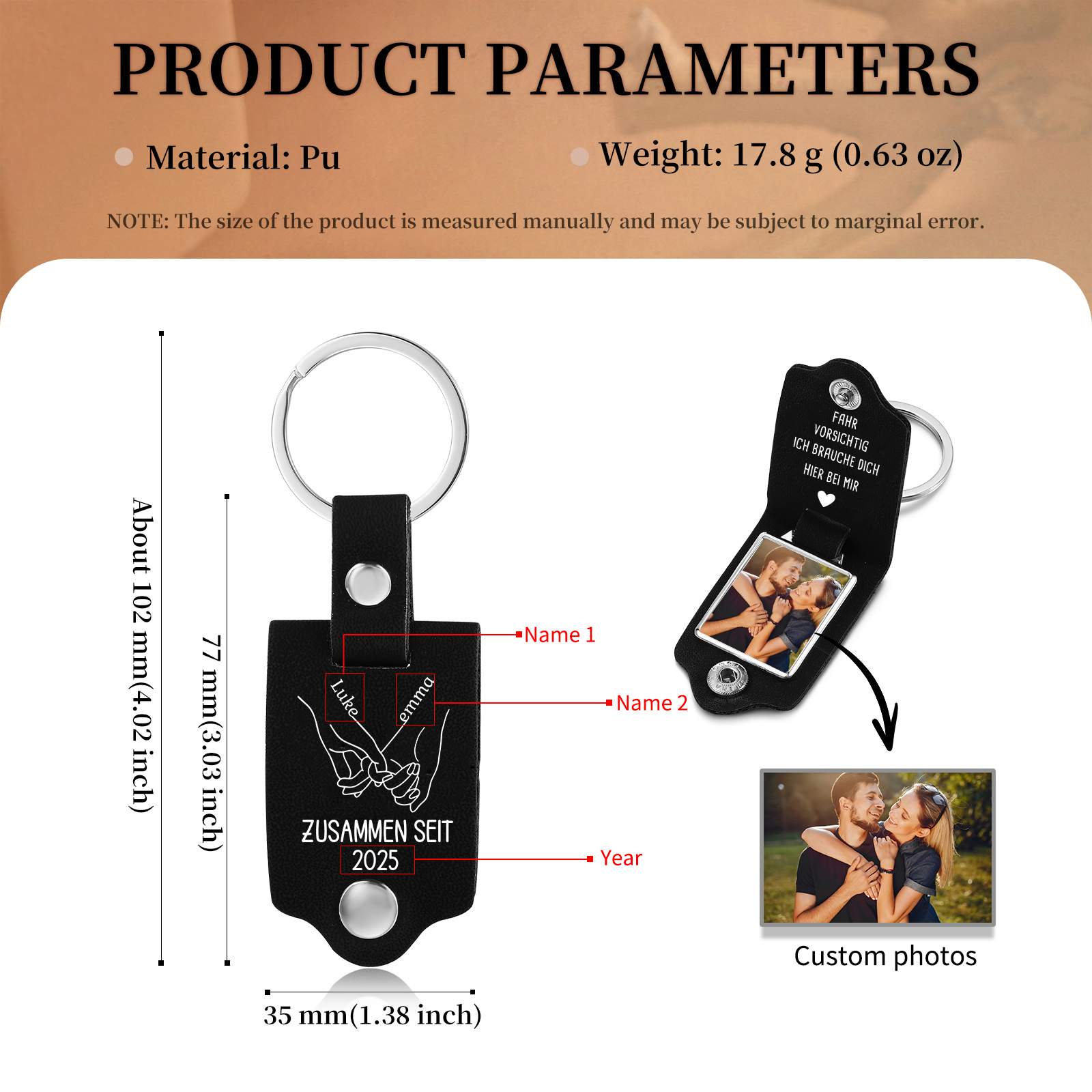 Personalisierbarer PU Leder Schlüsselanhänger mit Foto,2 Namen & Jahr für Paar – "FAHR VORSICHTIG, ICH BRAUCHE DICH HIER BEI MIR"