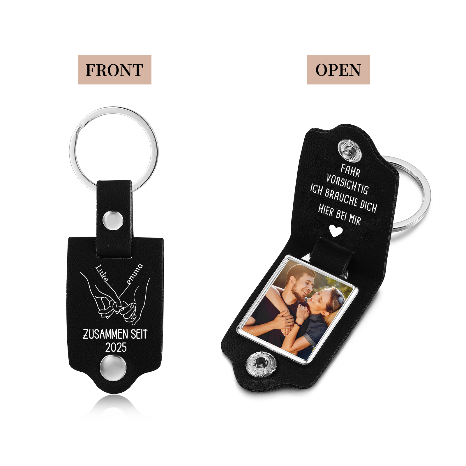 Personalisierbarer PU Leder Schlüsselanhänger mit Foto,2 Namen & Jahr für Paar – "FAHR VORSICHTIG, ICH BRAUCHE DICH HIER BEI MIR"