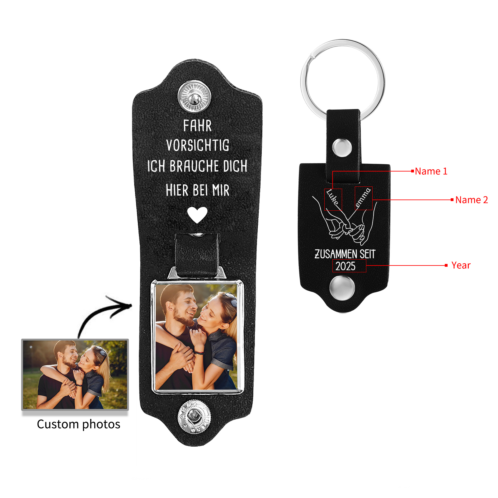 Personalisierbarer PU Leder Schlüsselanhänger mit Foto,2 Namen & Jahr für Paar – "FAHR VORSICHTIG, ICH BRAUCHE DICH HIER BEI MIR"