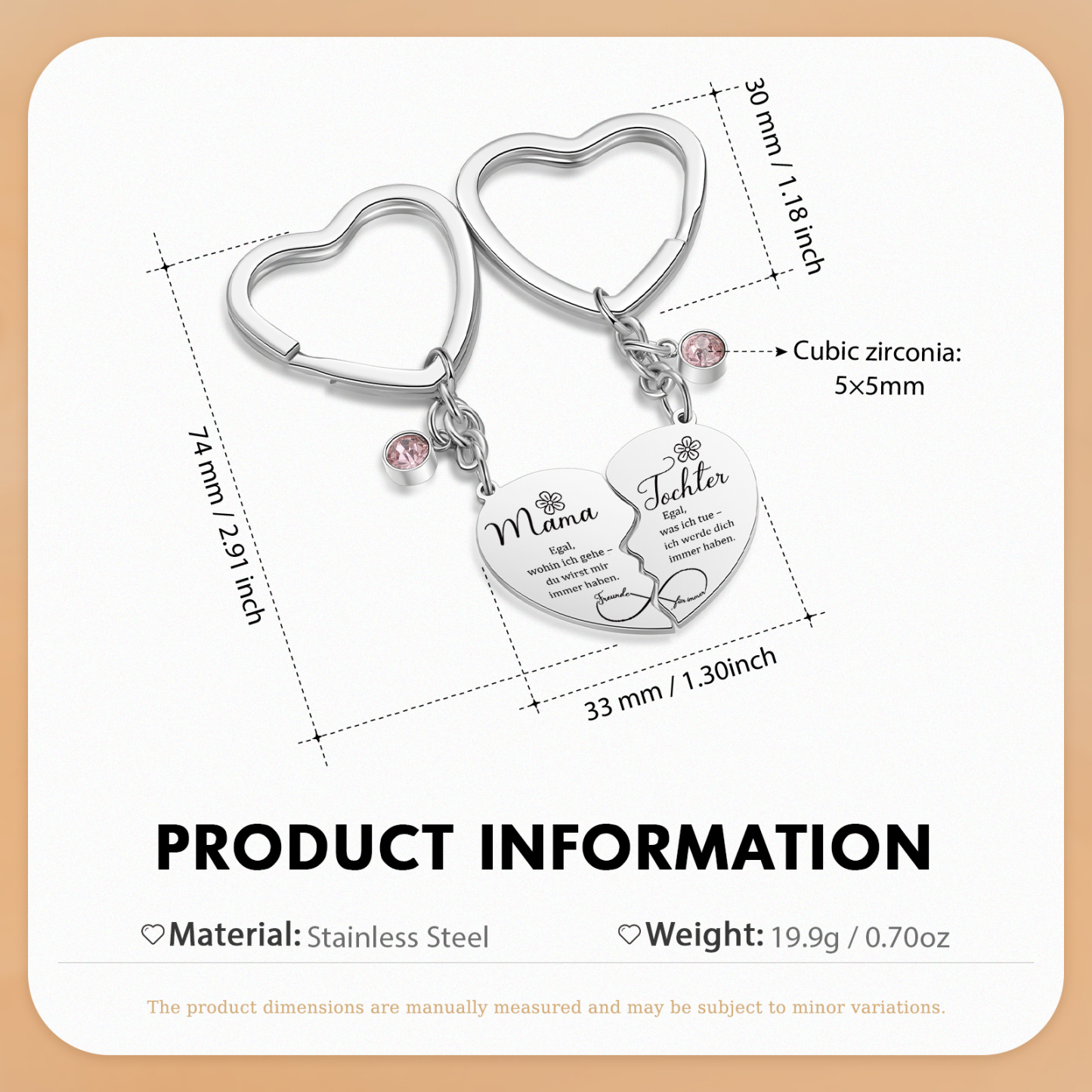 Personalisierbare 2 Geburtssteine Mama-Tcohter Metall-Schlüsselanhänger in Herzform
