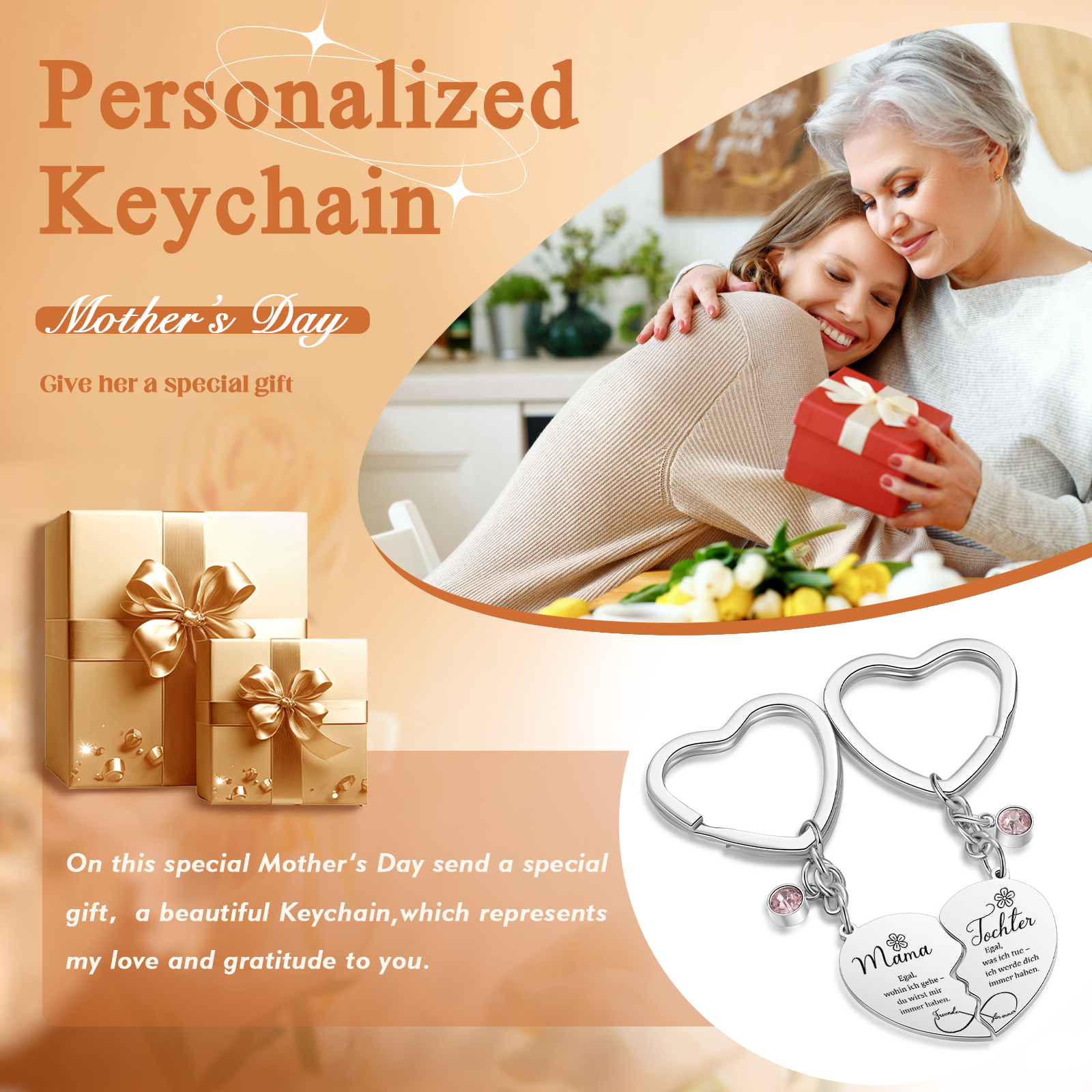 Personalisierbare 2 Geburtssteine Mama-Tcohter Metall-Schlüsselanhänger in Herzform