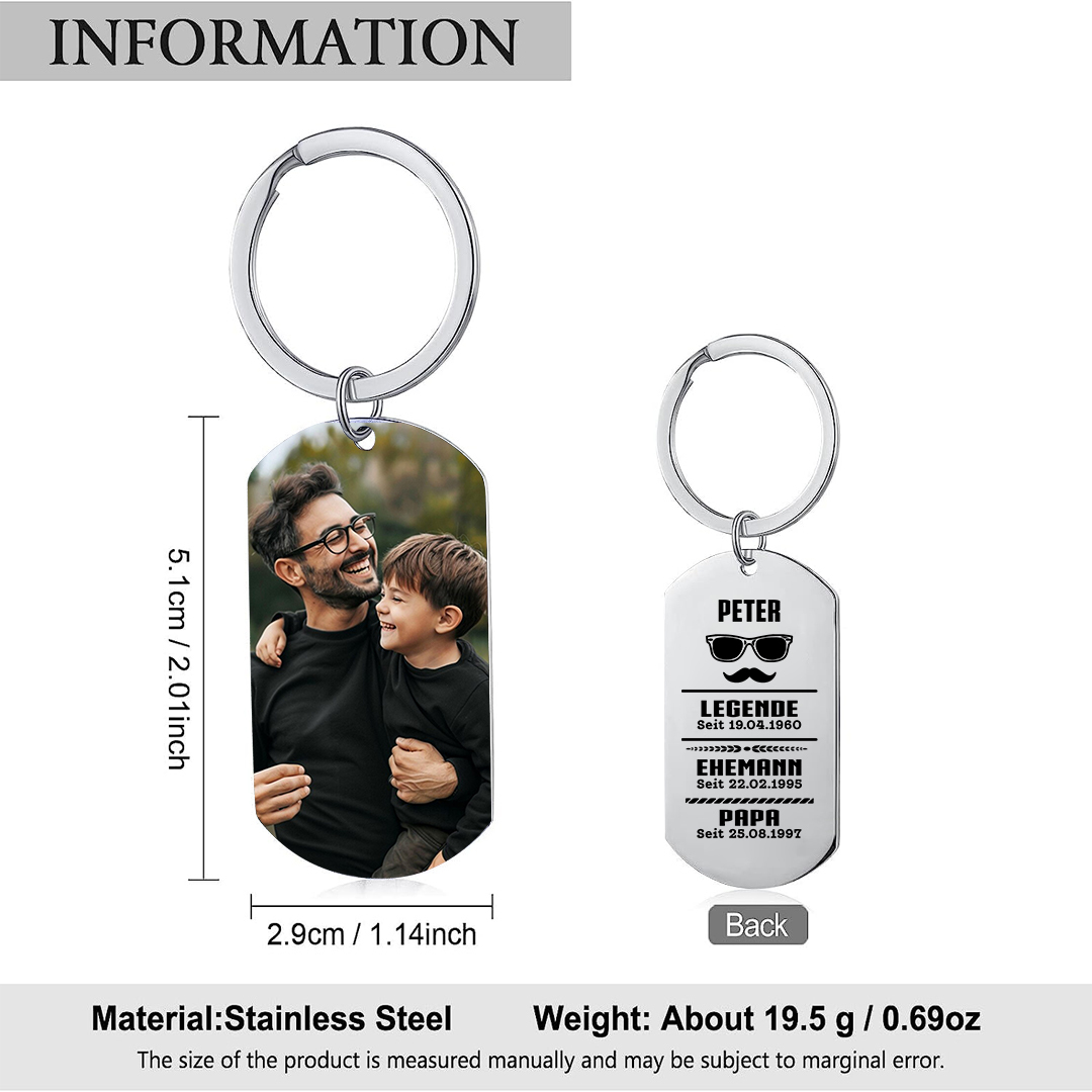 Personalisierbarer Foto && Name & 3 Daten Schlüsselanhänger-Legende-Ehemann-Opa