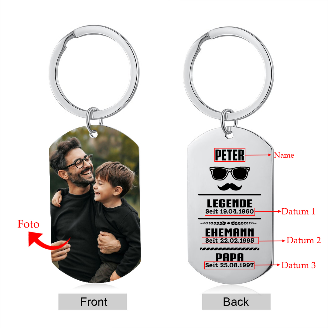 Personalisierbarer Foto && Name & 3 Daten Schlüsselanhänger-Legende-Ehemann-Opa