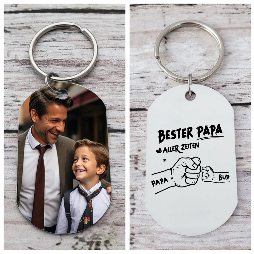 Personalisierter 2-6 Namen Ledergürtel & 2-6 Namen Schlüsselanhänger mit Foto & Karte & Box Geschenkbox Set für Papa