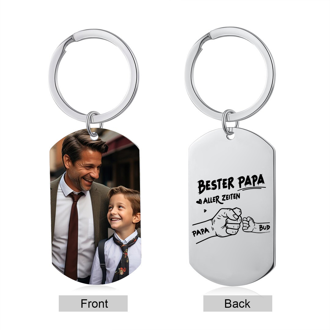 Personalisierbarer Foto & 2-7 Namen Schlüsselanhänger mit Faust-Best Papa aller Zeiten!