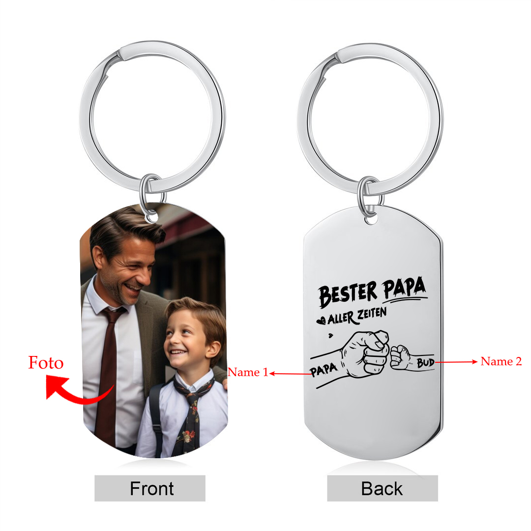 Personalisierbarer Foto & 2-7 Namen Schlüsselanhänger mit Faust-Best Papa aller Zeiten!