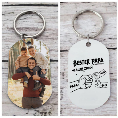 Personalisierbarer Foto & 2-7 Namen Schlüsselanhänger mit Faust-Best Papa aller Zeiten!