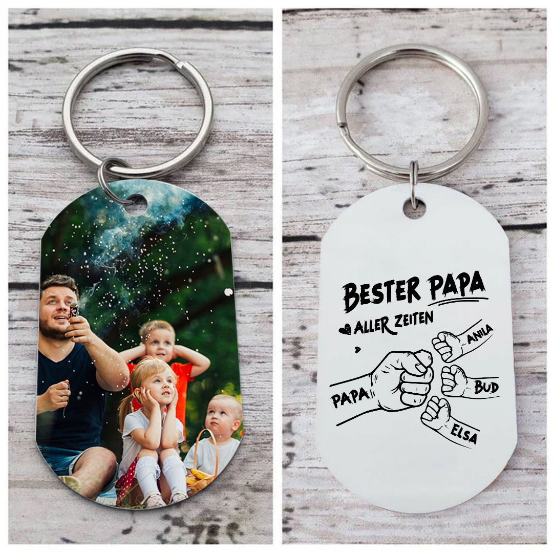 Personalisierbarer Foto & 2-7 Namen Schlüsselanhänger mit Faust-Best Papa aller Zeiten!